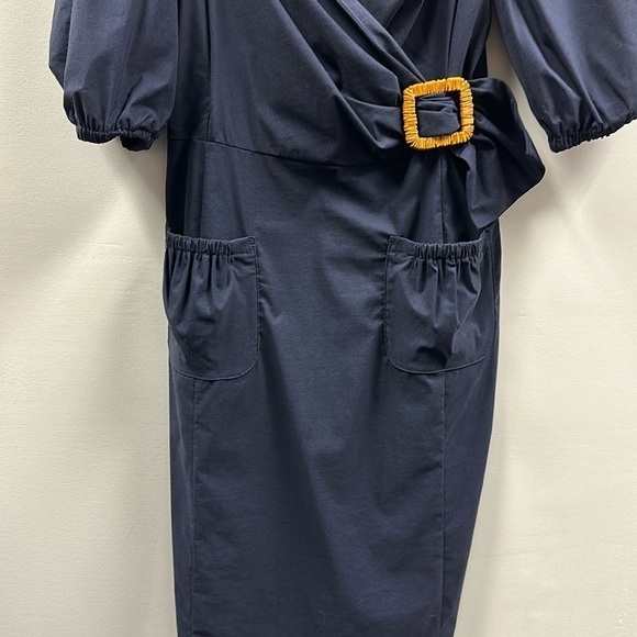 Joseph Ribkoff Faux Wrap Navy Dress Puff Sleeve Rattan Buckle Sz 6 Professional - Picture 8 of 11